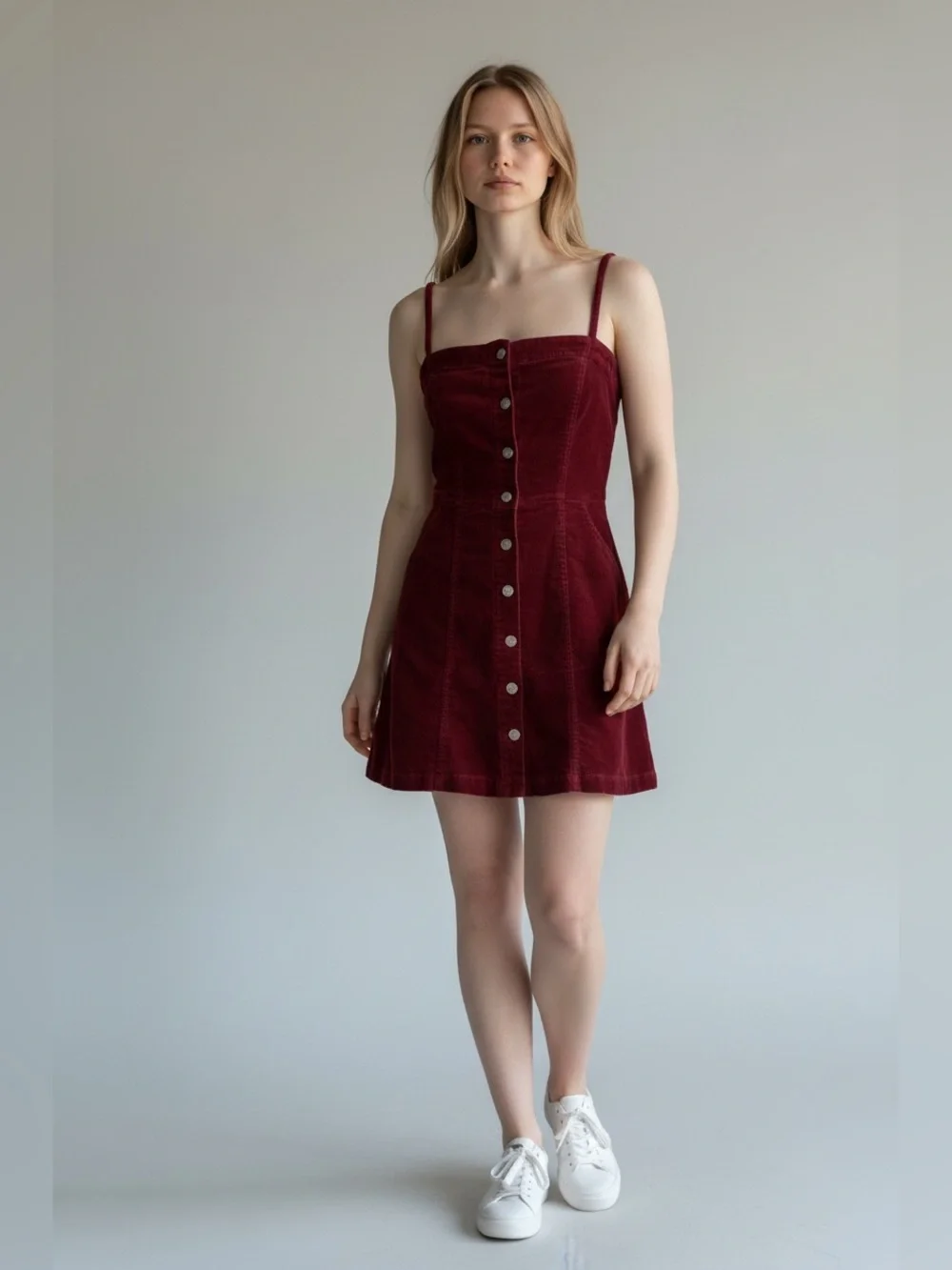 H&M Divided Corduroy Y2K Burgundy Mini Dress with Button Detail, size small